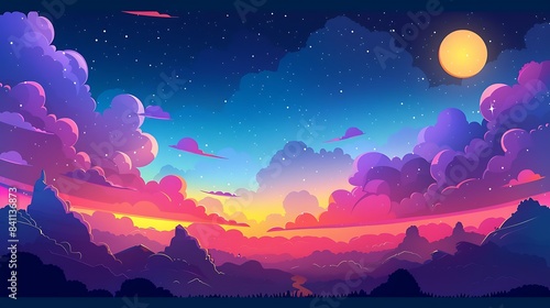 Serene Twilight in Flat Design  Artistic Mountain Wallpaper with Detailed Simplicity