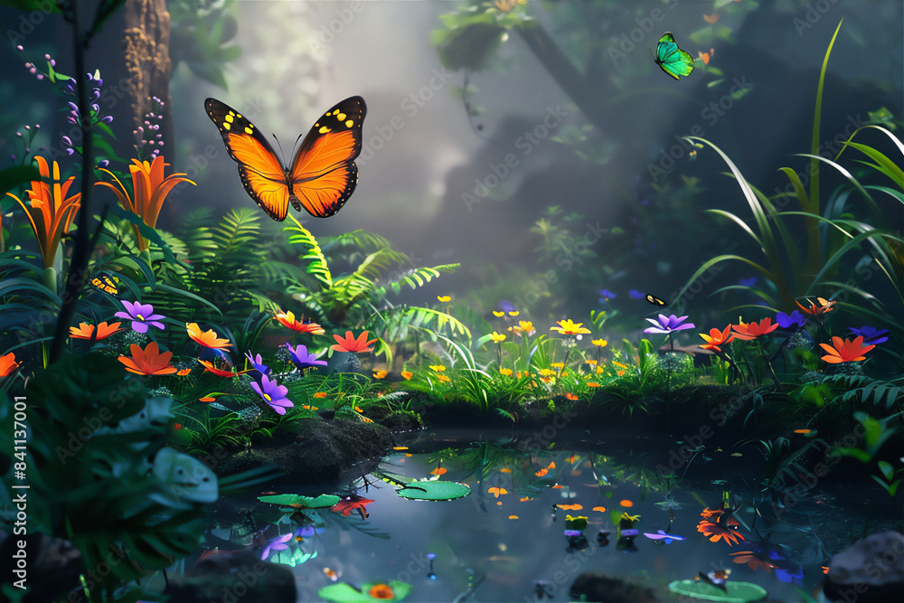 Little pond in lush forest with green grass and flowers in morning with butterfly. Little pond in lush forest with green grass and flowers in morning with butterfly.