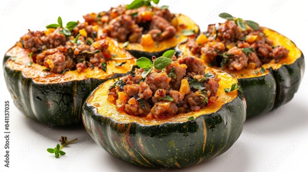 Close-up of acorn squash stuffed with savory sausage, vibrant colors, juicy textures, isolated on a white background, studio lighting Close-up of acorn squash stuffed with savory sausage, vibrant colors, juicy textures, isolated on a white background, studio lighting