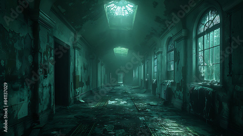  A creepy, abandoned asylum with broken windows and eerie shadows.