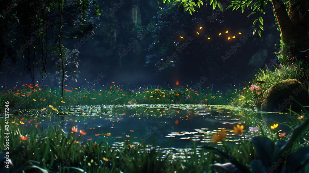 Little pond in lush forest with green grass and flowers at night with firefly. Little pond in lush forest with green grass and flowers at night with firefly.