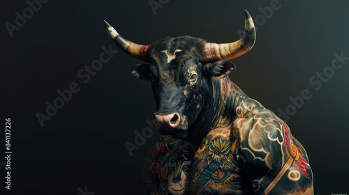 Image of a bull photographed with studio lights, a bull with a Japanese tattoo, on a black background.