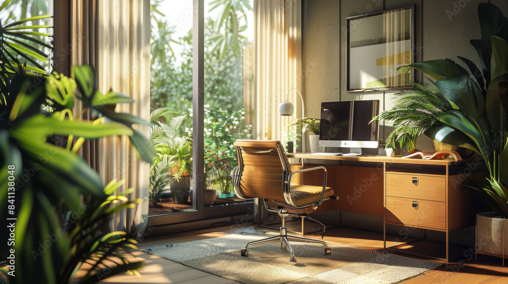 Modern Home Office With Natural Light and Greenery Modern Home Office With Natural Light and Greenery