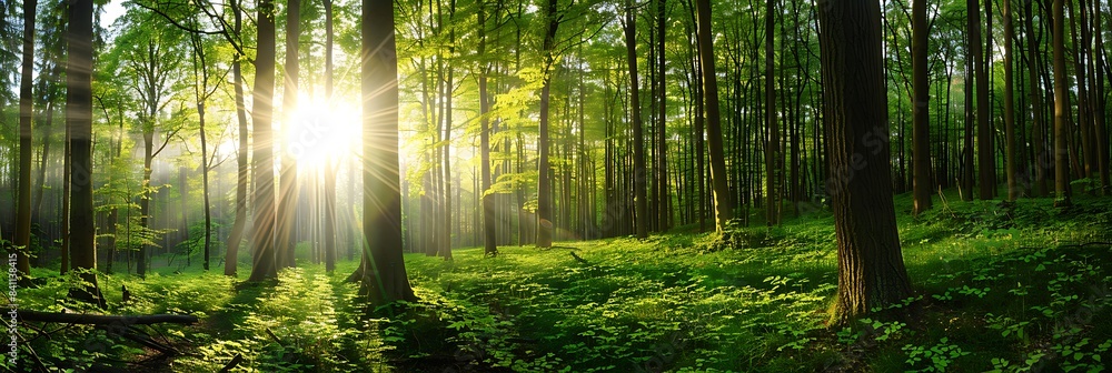 Fototapeta premium Green forest panorama with sunlight in the middle