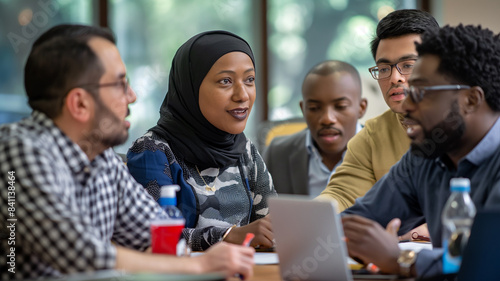 Diverse Team: African Hijabi Women with Men From Various Ethnicity in a Meeting
