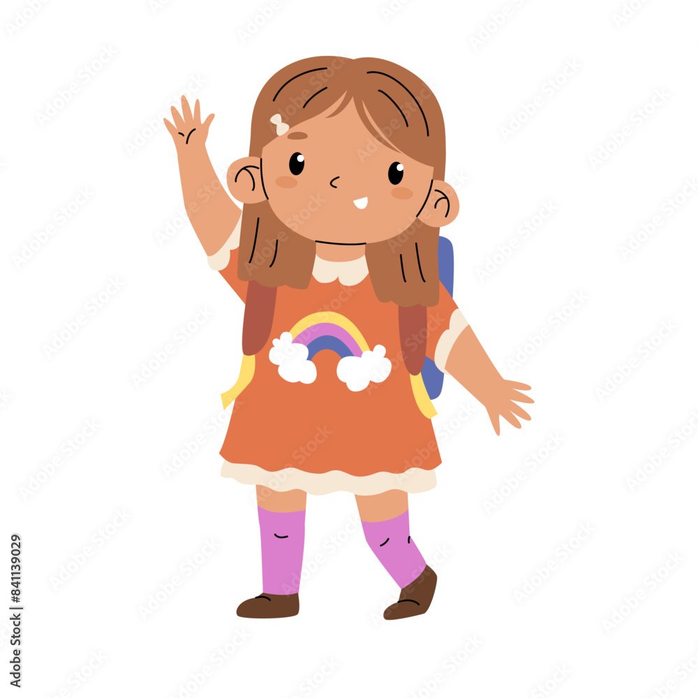 A little girl in a dress with a rainbow print and a backpack on her back. Elementary school student. The first day at school. Happy childhood. Vector illustration isolated on transparent background.