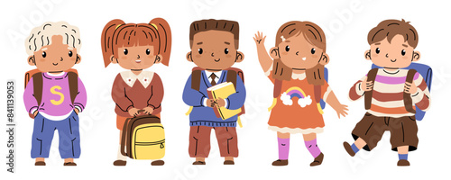 Set of junior pupil. Small children in bright clothes with backpacks and textbooks. Elementary school student. The first day at school. Vector illustration isolated on transparent background.
