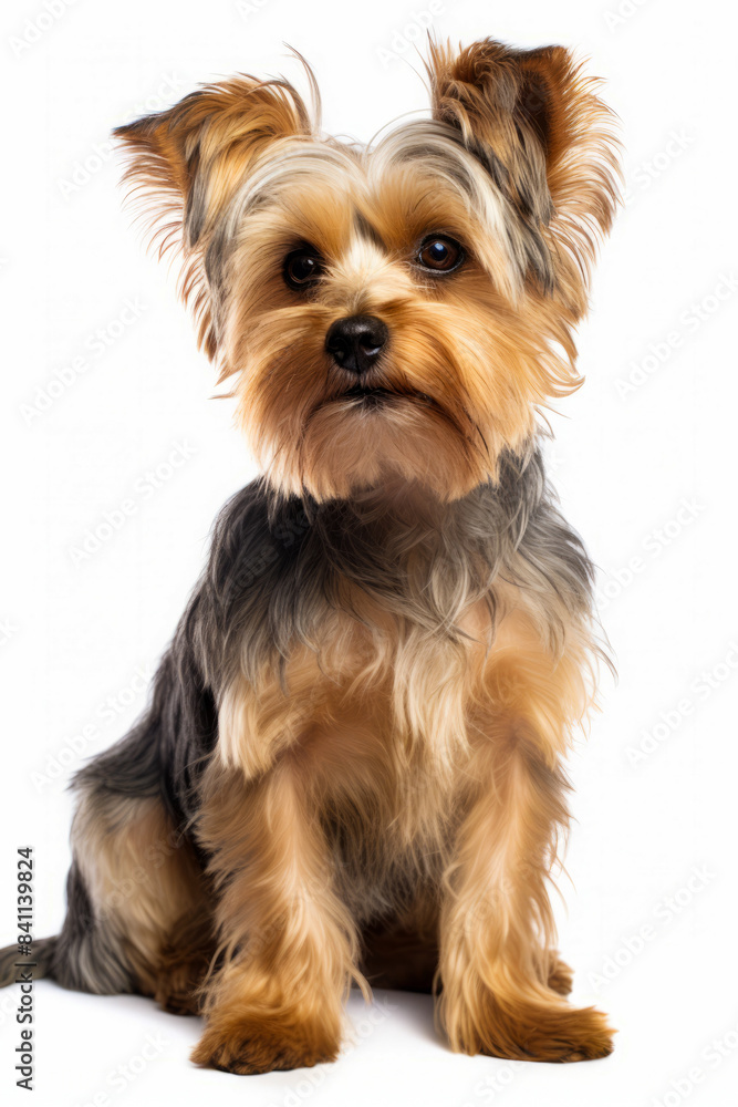 Small dog sitting down with white background behind it and black and brown dog. Small dog sitting down with white background behind it and black and brown dog.
