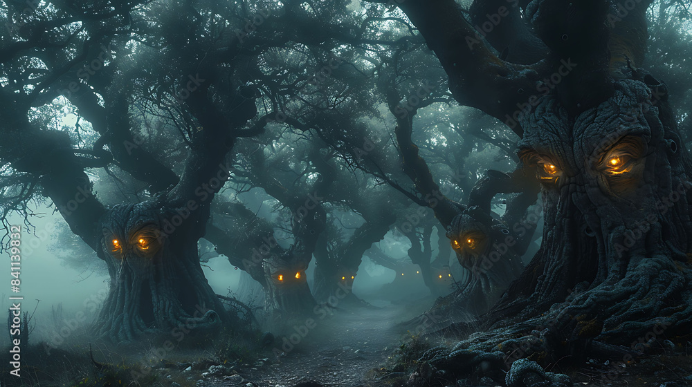 A dark forest with twisted trees and glowing eyes in the shadows. A dark forest with twisted trees and glowing eyes in the shadows.