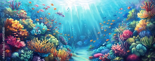 a colorful underwater world with a variety of fish and flowers