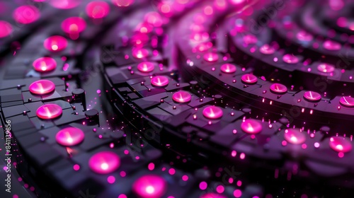 background of a spiral of hexagonal digital drum pads, tiny pink neon light details, light effects brokeh, depth of field