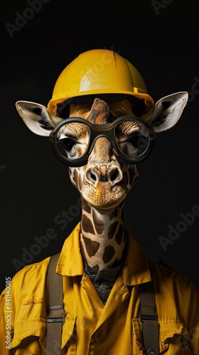 Giraffe wearing a construction engineer's uniform on a black background.
