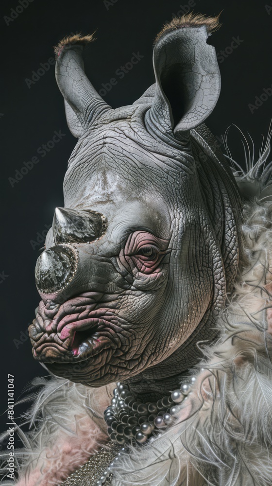 A crowned rhinoceros wearing a luxurious outfit on a black background. A crowned rhinoceros wearing a luxurious outfit on a black background.