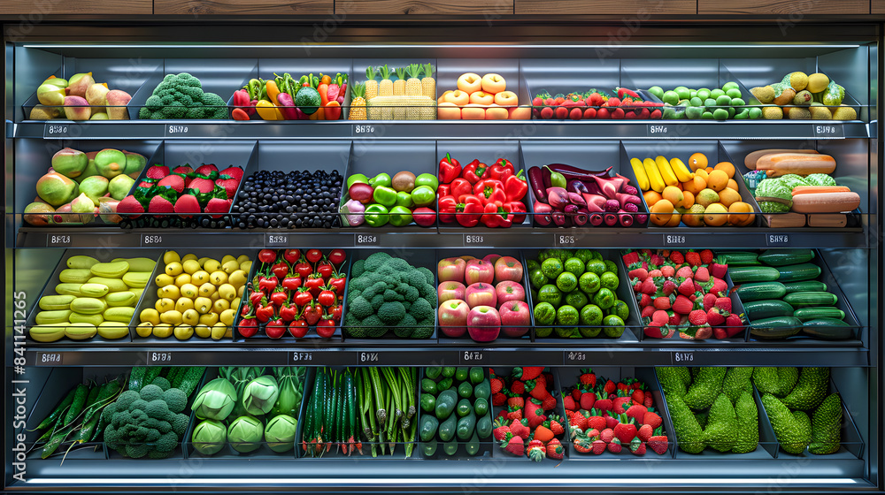 Fruits and fresh vegetables in the refrigerated shelf of a supermarket