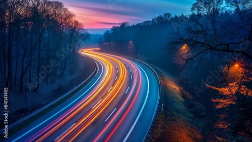 Urban Highway at Night with Light Trails and Vibrant Traffic Captured in Long Exposure Time Lapse with Glowing Lines and Dynamic Movement