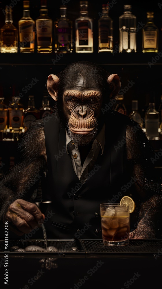 A monkey who works as a bartender is mixing drinks in a bar. A monkey who works as a bartender is mixing drinks in a bar.