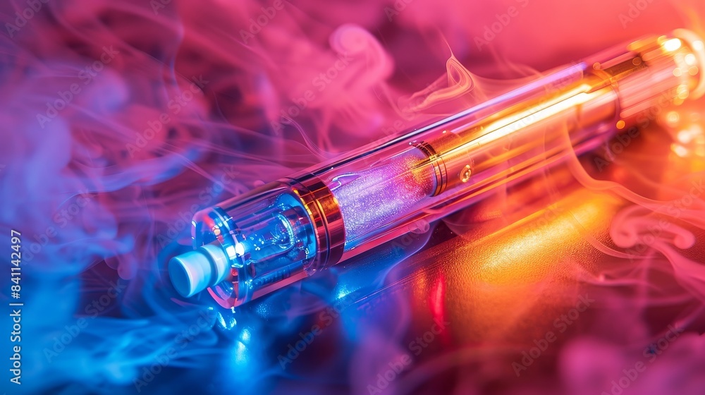 Close-up of a fun, playful electronic cigarette with bright, cheerful colors, isolated on a plain background, illuminated by studio lighting Close-up of a fun, playful electronic cigarette with bright, cheerful colors, isolated on a plain background, illuminated by studio lighting