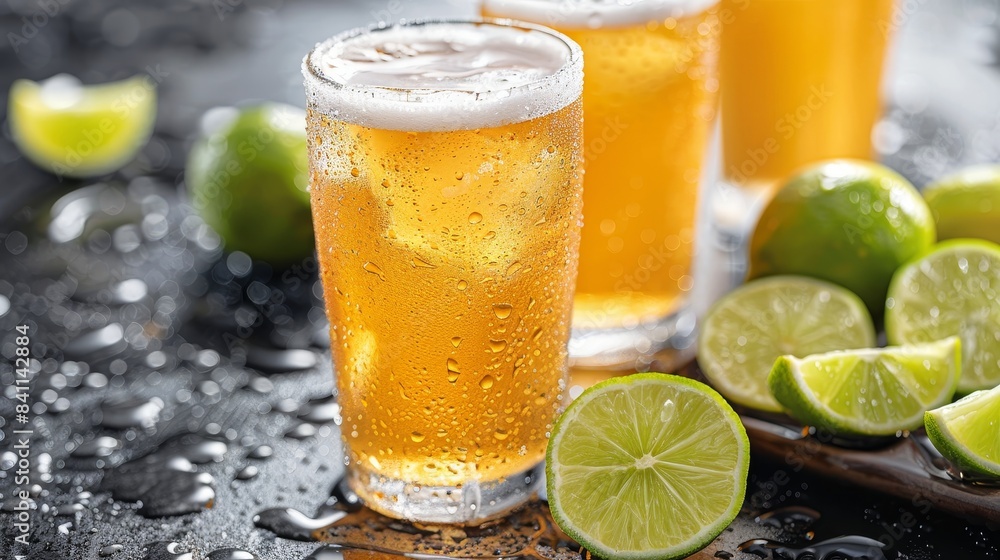 Close-up of a chilled light beer glass with water droplets, next to a small plate of lime wedges, isolated background Close-up of a chilled light beer glass with water droplets, next to a small plate of lime wedges, isolated background