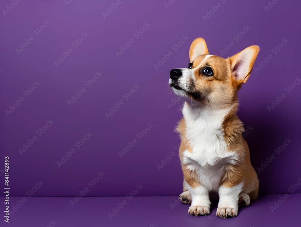 Cute Welsh Corgi Puppy Sitting on Plain Deep Purple Background with Clear Space on Right Side Cute Welsh Corgi Puppy Sitting on Plain Deep Purple Background with Clear Space on Right Side