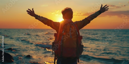 A man is standing on the beach with his arms outstretched