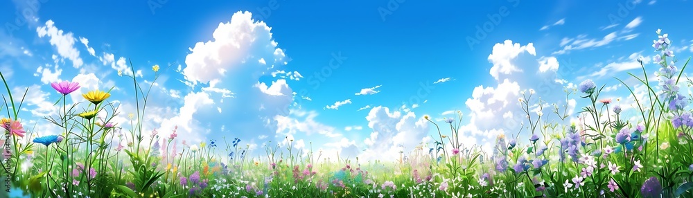 a colorful field of flowers under a blue sky with white clouds, featuring purple, yellow, pink, and purple - and - yellow blooms