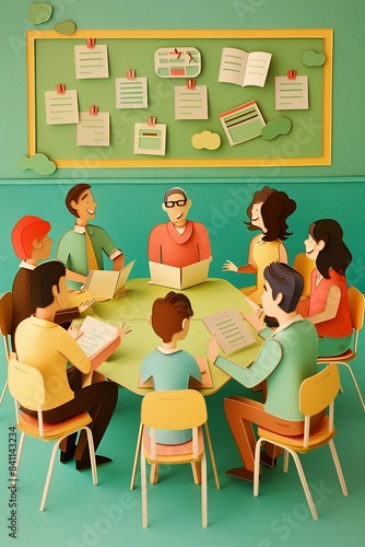 Joyful paper-cut vector illustration capturing a parent-teacher meeting, excited parents and teachers in positive conversation, classroom backdrop