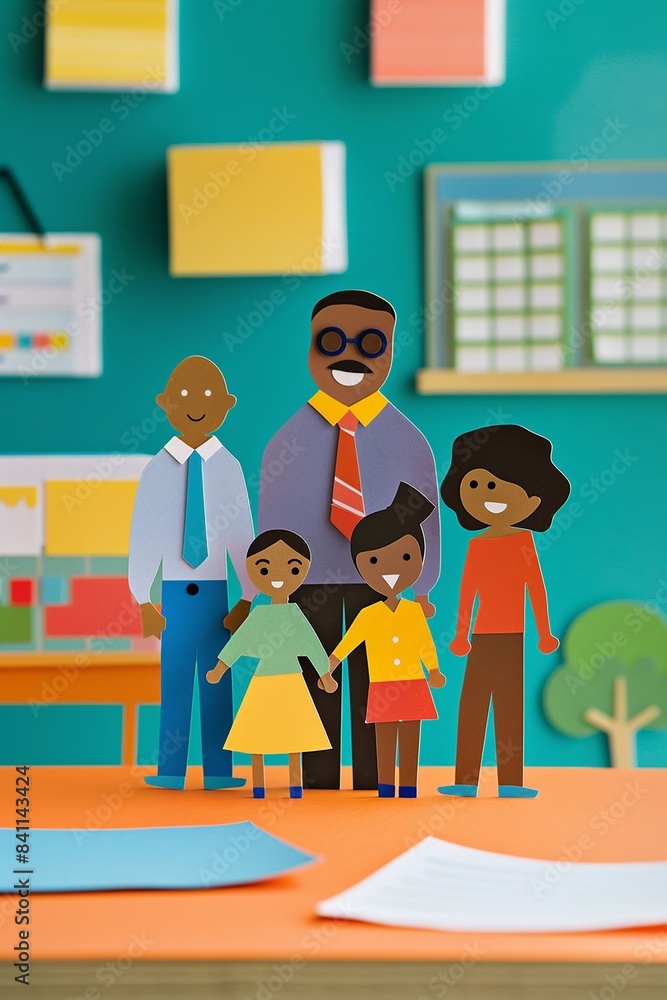 Vibrant paper-cut vector image of a parent-teacher meeting, smiling parents and teachers collaborating, classroom backdrop Vibrant paper-cut vector image of a parent-teacher meeting, smiling parents and teachers collaborating, classroom backdrop