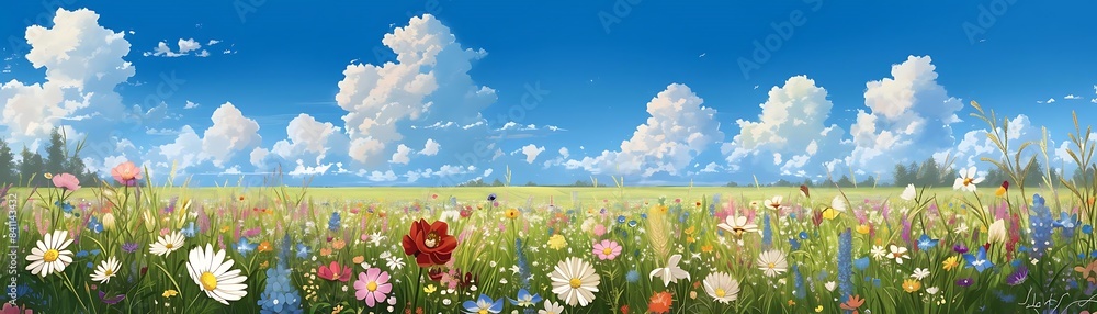 a colorful field of flowers under a blue sky with white clouds a colorful field of flowers under a blue sky with white clouds