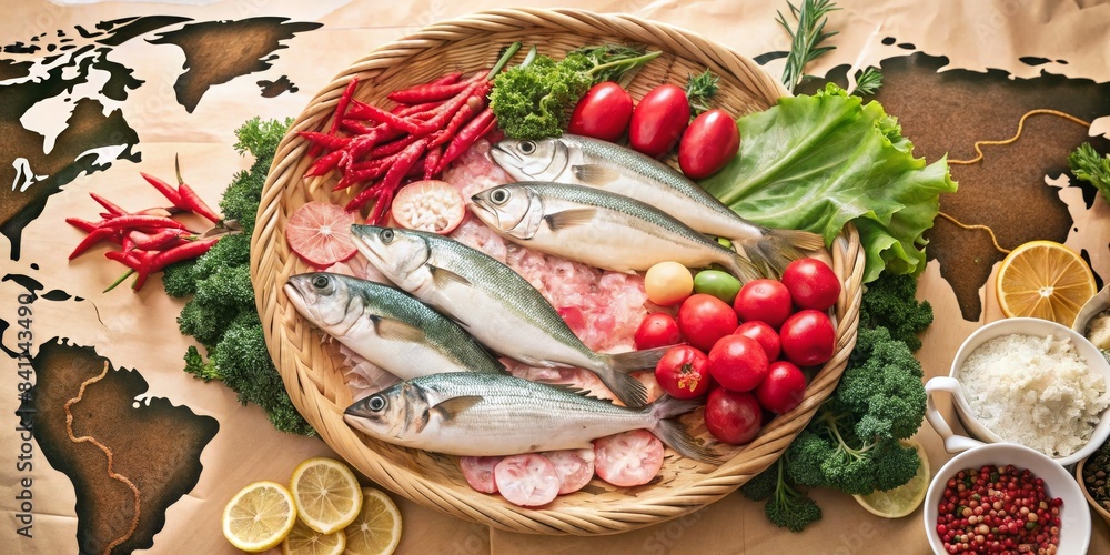 A basket of fish and vegetables is on a table with a map in the background A basket of fish and vegetables is on a table with a map in the background