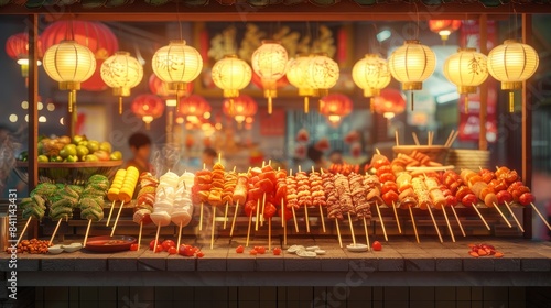 Under the bright lanterns, various of delicious foods are on sale.