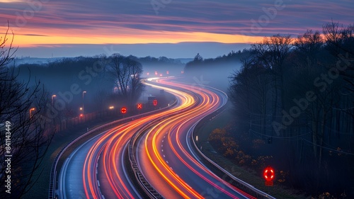 Night Highway with Light Trails in Long Exposure Time Lapse Featuring Vibrant Colors and Dynamic Cityscape Traffic Motion