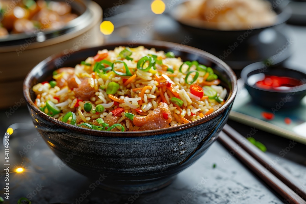 A delicious and healthy meal of fried rice with vegetables and meat, a great option for a quick and easy weeknight meal. A delicious and healthy meal of fried rice with vegetables and meat, a great option for a quick and easy weeknight meal.