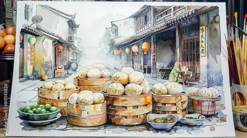 The image is a watercolor painting of a busy street in a Chinese town