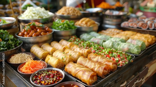 Various kinds of Vietnamese spring rolls with dipping sauces and vegetables.