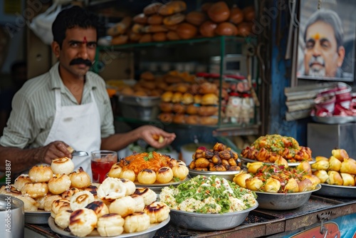 A street food stall in India. A man is standing behind the counter, and there are many different types of food on display.