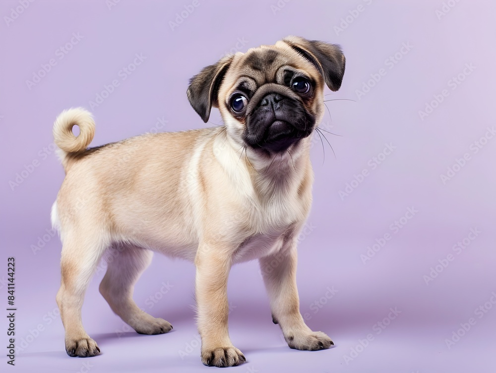 Cute Pug Puppy Standing on Lavender Background with Clear Space Cute Pug Puppy Standing on Lavender Background with Clear Space