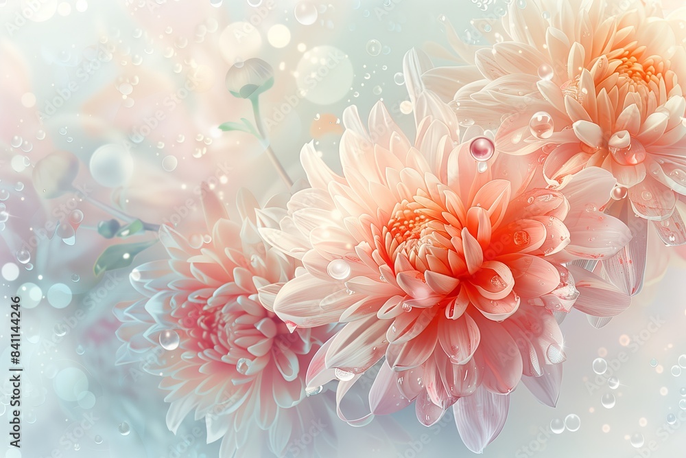 A bouquet of pink flowers with a blue background. The flowers are in the center of the image and are surrounded by water droplets. Scene is serene and calming A bouquet of pink flowers with a blue background. The flowers are in the center of the image and are surrounded by water droplets. Scene is serene and calming