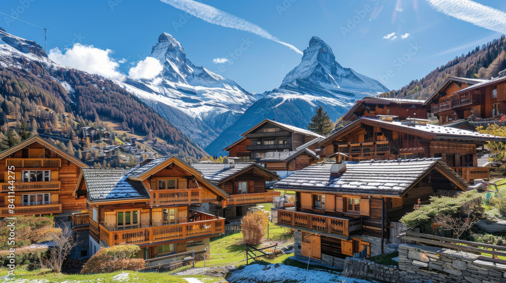 Traditional Swiss Chalets Nestled in the Shadow of the Matterhorn on a Sunny Autumn Day