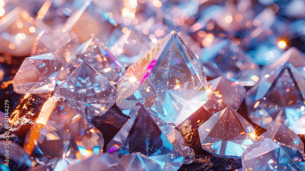High-Resolution Background Featuring White Diamonds and Gemstones with Rainbow Iridescence and Holographic Foil Effects, Showcasing Sparkling and Crystal-Clear Transparency from Various Angles High-Resolution Background Featuring White Diamonds and Gemstones with Rainbow Iridescence and Holographic Foil Effects, Showcasing Sparkling and Crystal-Clear Transparency from Various Angles
