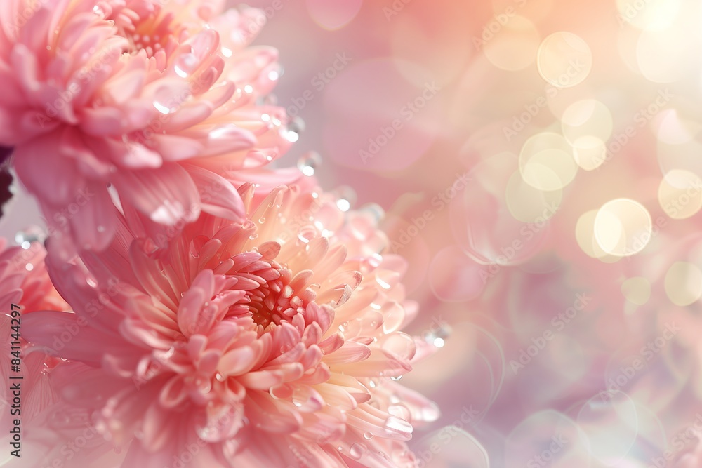 A close up of a pink flower with a water droplet on it. The flower is surrounded by a blurry background, giving the impression of a dreamy, ethereal atmosphere A close up of a pink flower with a water droplet on it. The flower is surrounded by a blurry background, giving the impression of a dreamy, ethereal atmosphere