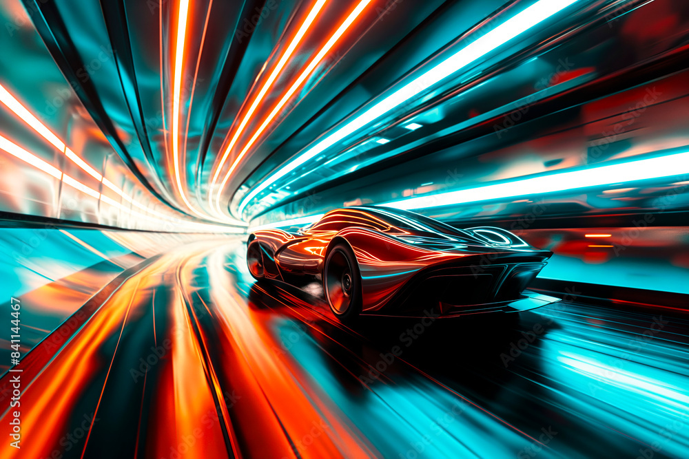 Futuristic luxury sports car hovering at high speeds through a modern interior tunnel, colorful lines Futuristic luxury sports car hovering at high speeds through a modern interior tunnel, colorful lines
