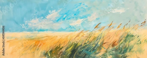 a serene coastal landscape featuring a sandy beach, a rocky outcrop, and a clear blue sky with scattered clouds