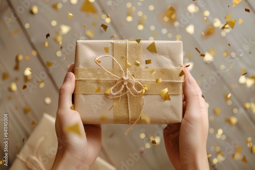 woman hands holding gift box with gold confetti on wooden background