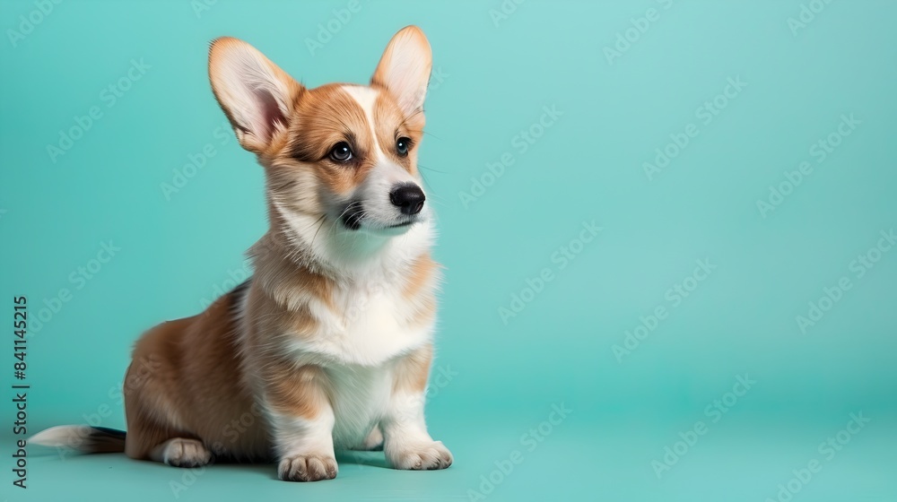 Adorable Puppy Welsh Corgi Sitting on Plain Turquoise Background with Copy Space Adorable Puppy Welsh Corgi Sitting on Plain Turquoise Background with Copy Space