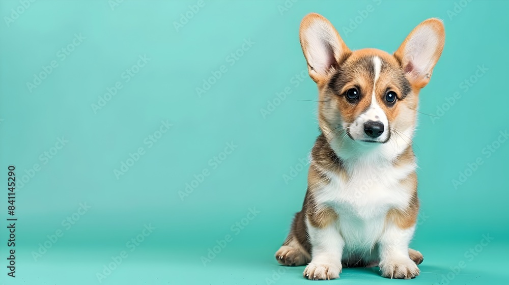 Cute Welsh Corgi Puppy Sitting On Plain Turquoise Background With Clear Space Cute Welsh Corgi Puppy Sitting On Plain Turquoise Background With Clear Space