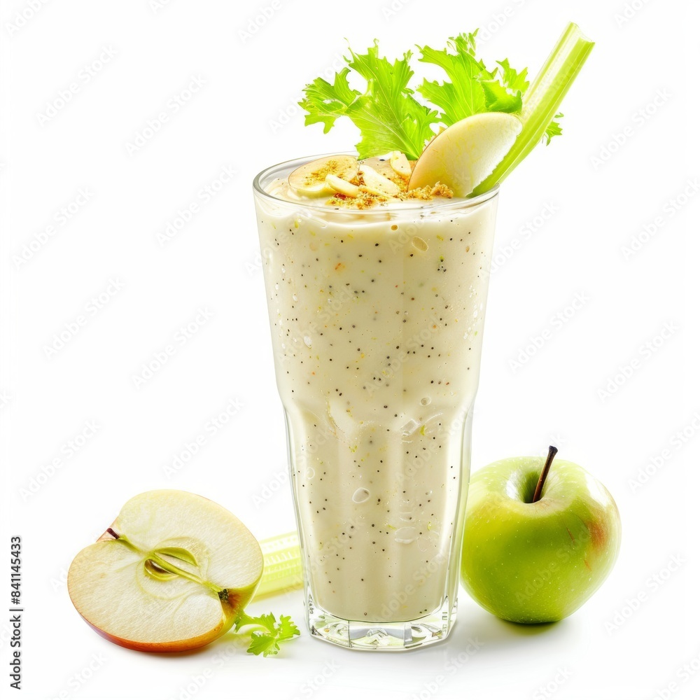 Refreshing apple and celery smoothie served in a clear glass. Refreshing apple and celery smoothie served in a clear glass.