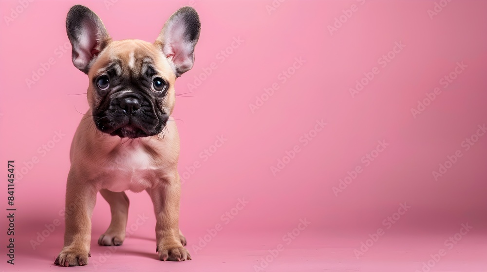 Cute Fawn French Bulldog Puppy Standing on Plain Fuchsia Background Cute Fawn French Bulldog Puppy Standing on Plain Fuchsia Background