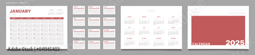 Set of 2025 Pages Monthly Calendar Planner Templates, Cover with Place for Photo, Company Logo, Annual. Vector pages size A4 -21x29.7cm for wall or desk calendar with 2 weekend. Week start Monday