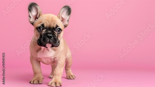 Cute Puppy French Bulldog Standing on Plain Fuchsia Background with Clear Space