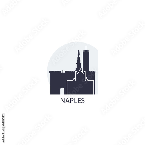 Naples skyline, downtown panorama logo, logotype. Italy city badge contour, isolated vector pictogram with palace, monuments, landmarks, castle at sunrise, sunset